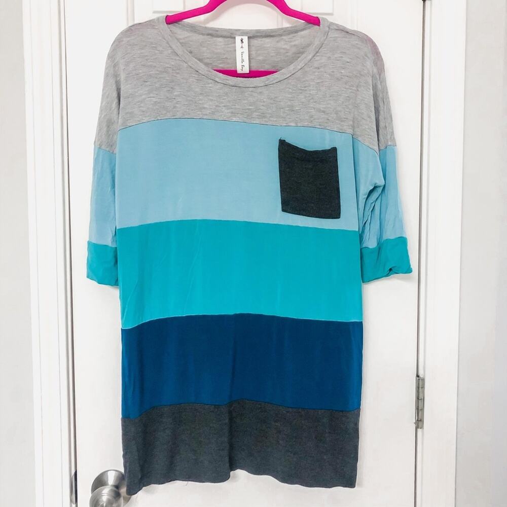 Boutique • Blue + Grey Stripe 3/4 Sleeve Tunic Top Pocket Tee